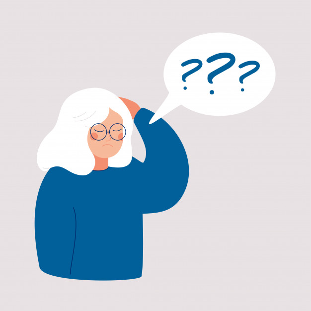 Older woman has alzheimer disease and a question above her in the speech bubble Premium Vector